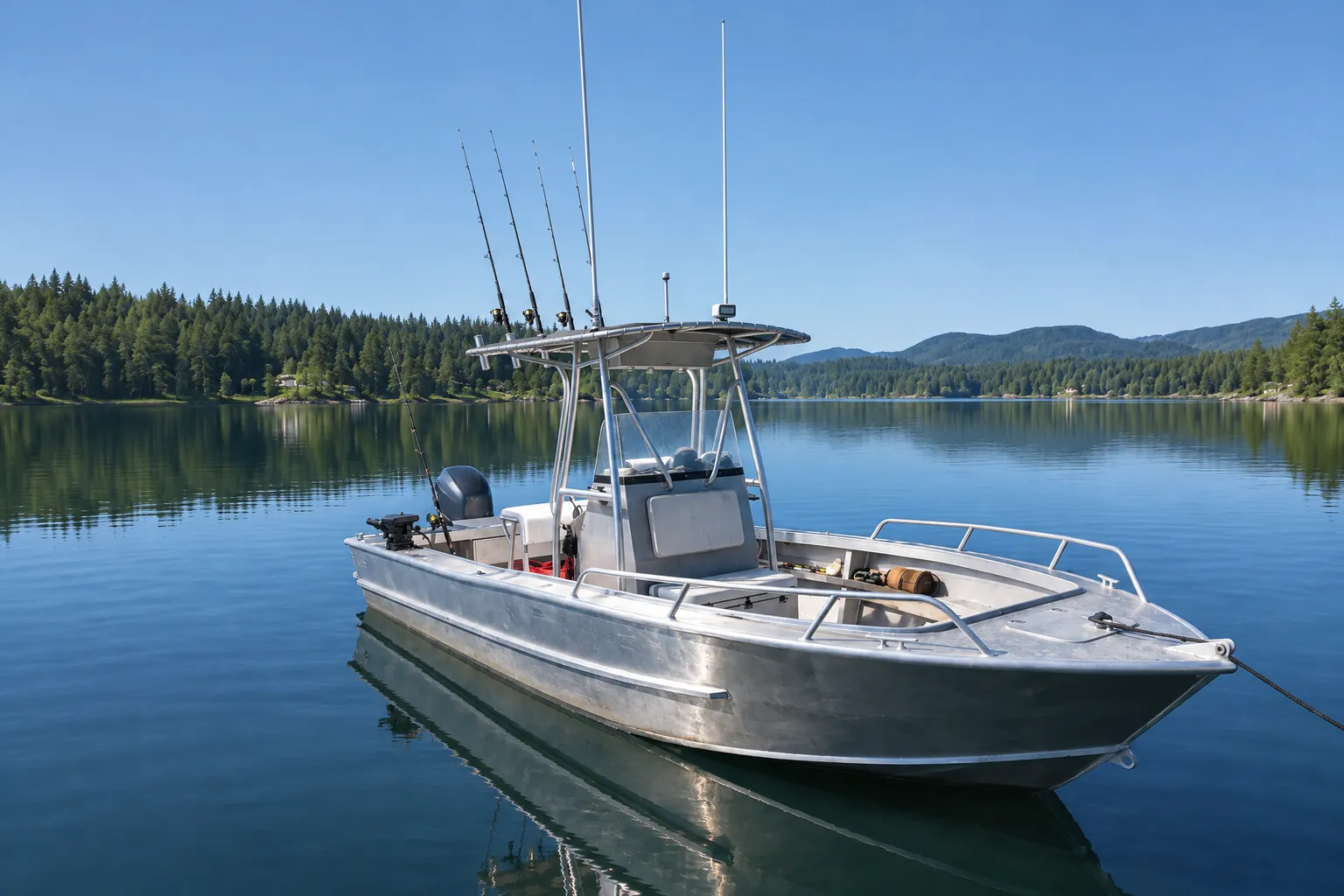 Angelboot mit Mittelkonsole nachts auf einem See, Decksbeleuchtung an
