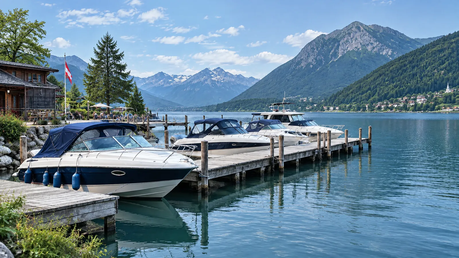 Marina an einem Alpensee in der Dämmerung