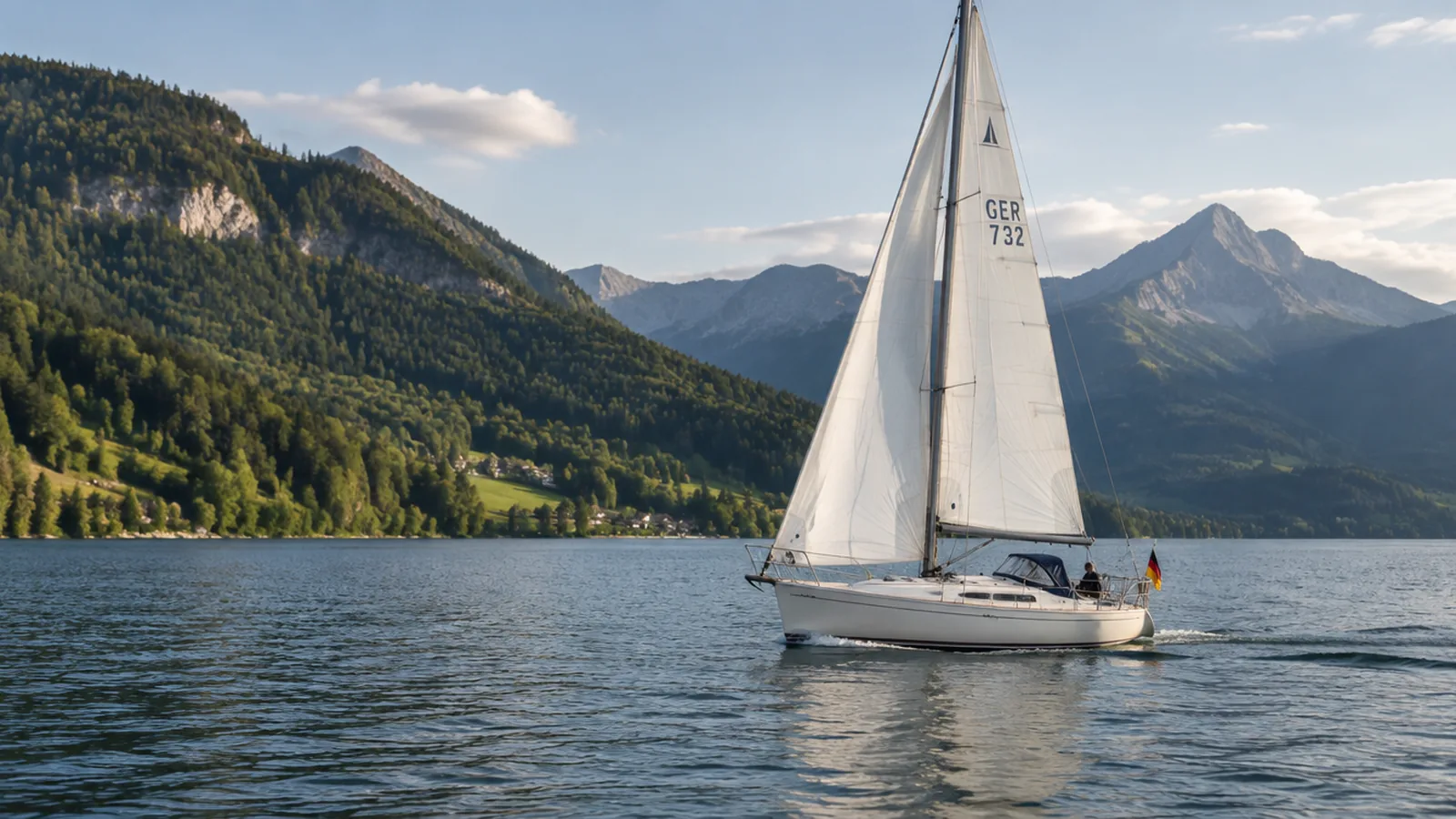 Segelboot auf einem Alpensee vor bewaldeten Bergen