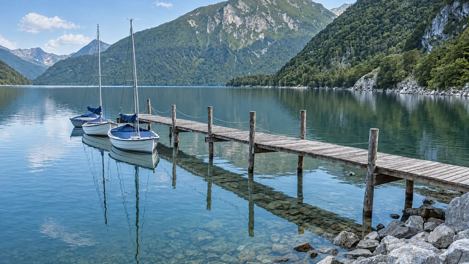 Vereinssteg mit Jollen auf einem Alpensee