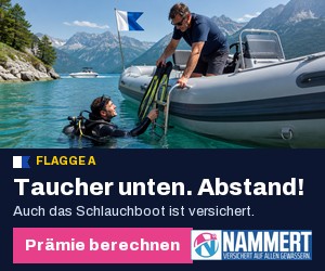 Werbebanner NAMMERT: Taucher am Schlauchboot, Signalflagge A