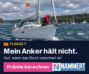Werbebanner NAMMERT: Segelyacht treibt vor Anker, Signalflagge Y