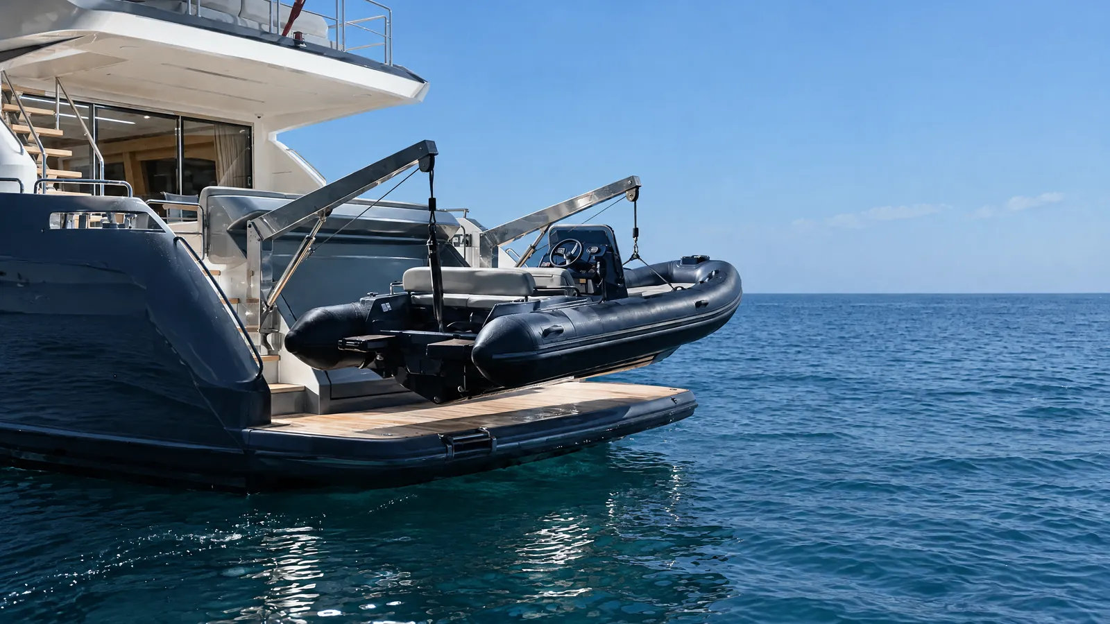 Beiboot in den Davits am Heck einer Motoryacht bei Nacht