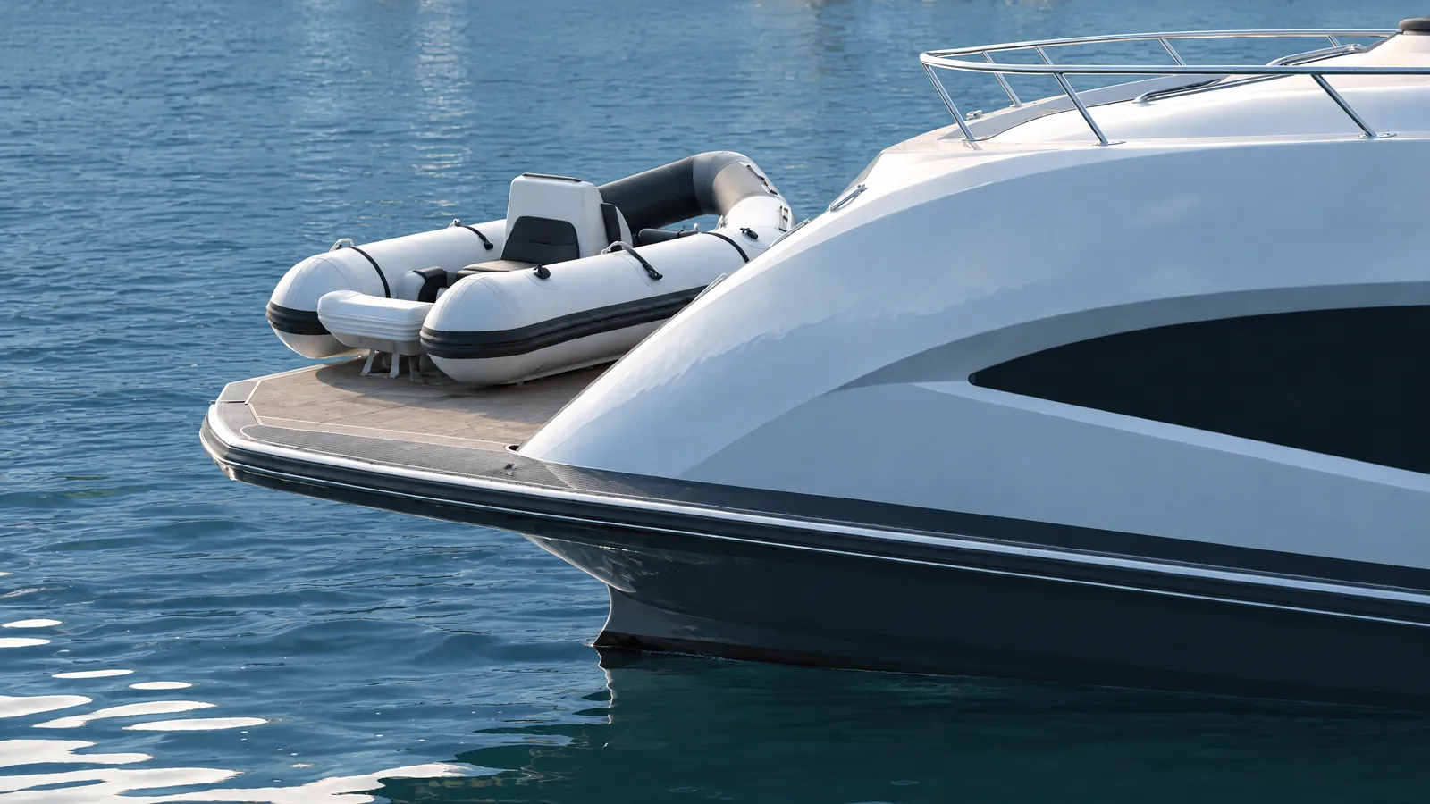 Beiboot auf der Badeplattform einer Motoryacht