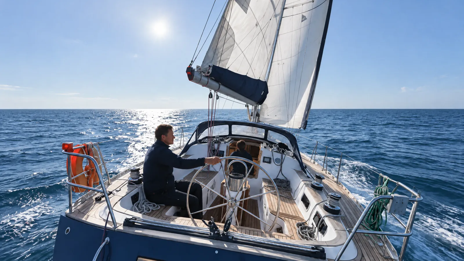 Segelyacht nachts auf offener See im Mondlicht, Positionslichter an