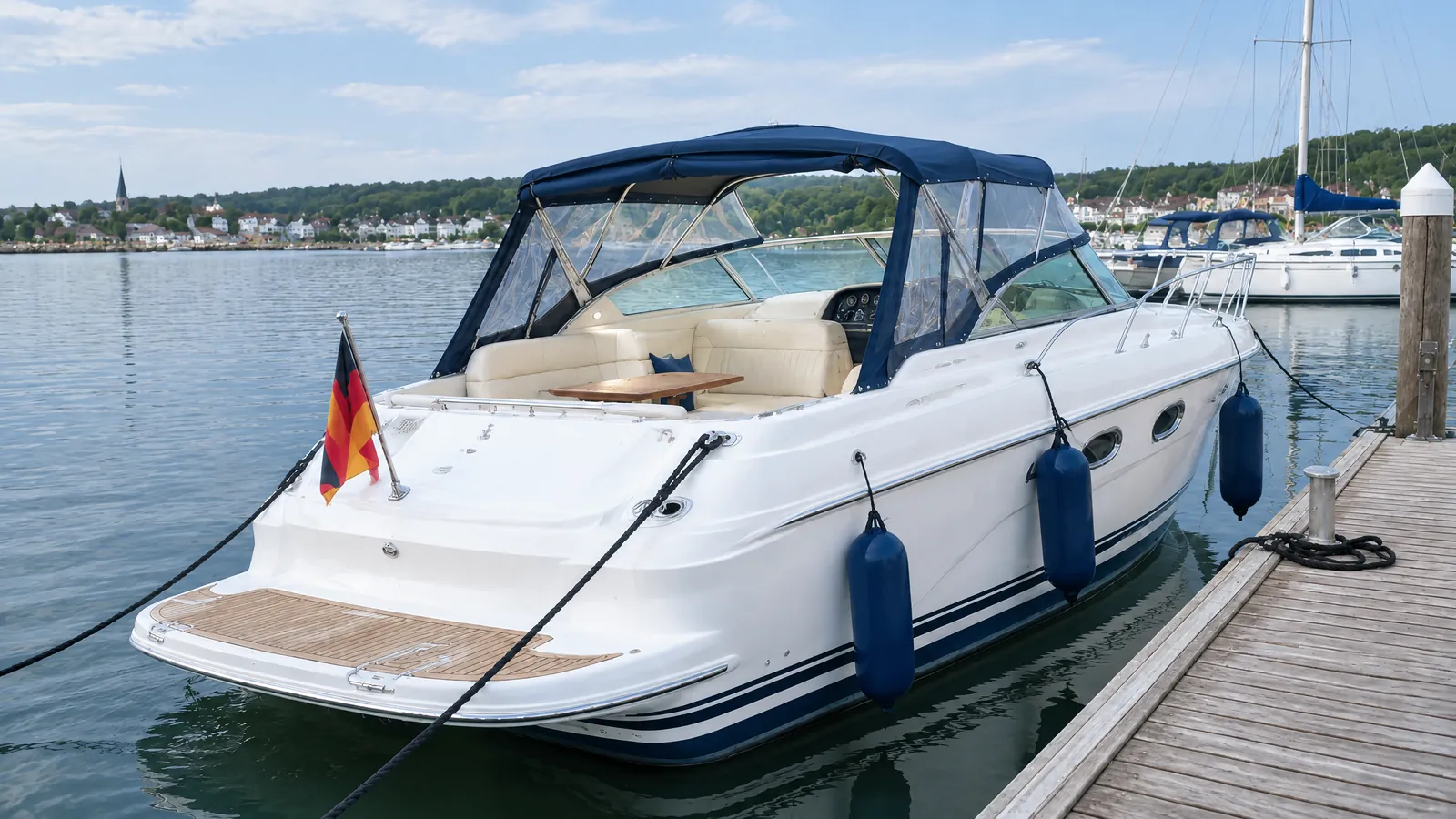 Kajütboot mit Verdeck am Steg in der Abenddämmerung