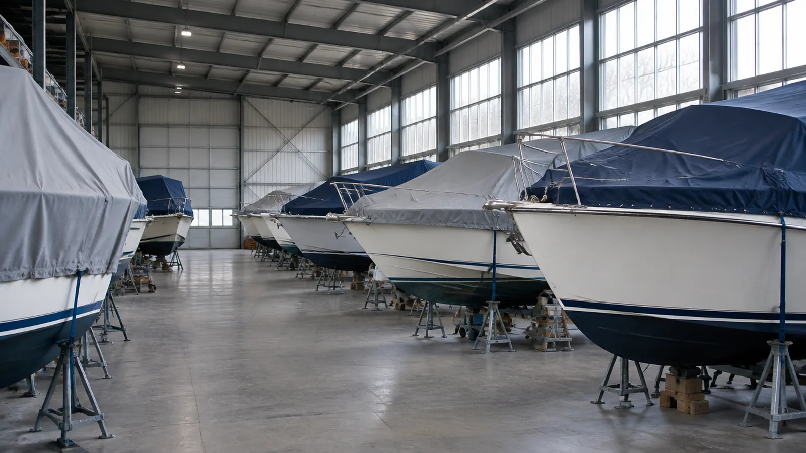 Motorboote unter Persenning in einer Winterlagerhalle