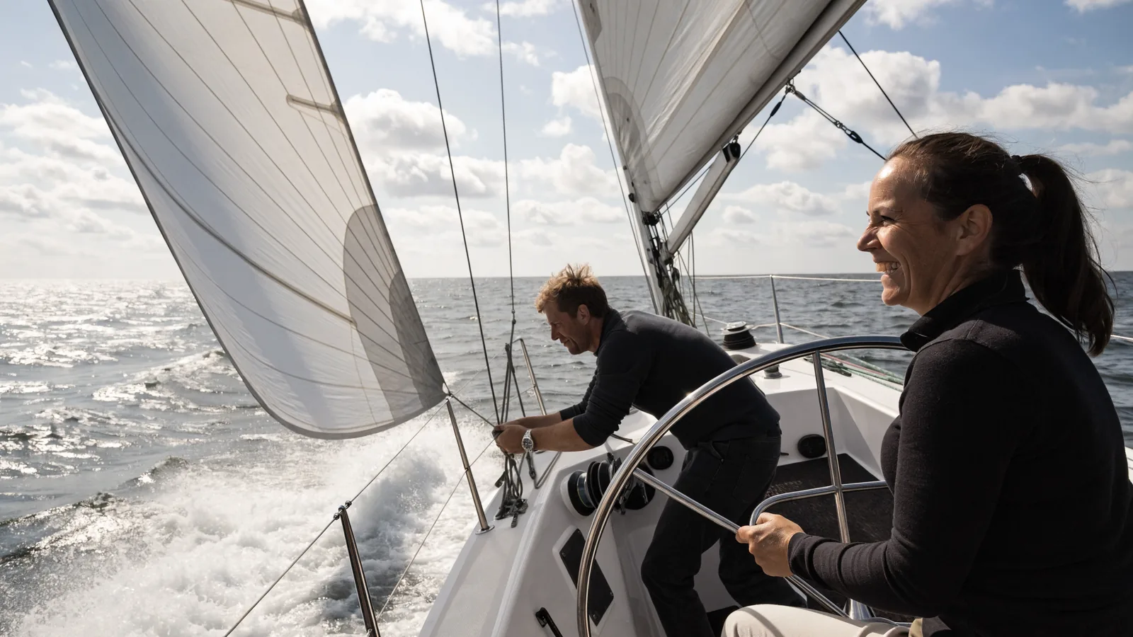 Eine Frau steuert lachend eine Segelyacht unter vollen Segeln, ihr Partner holt die Schot dicht