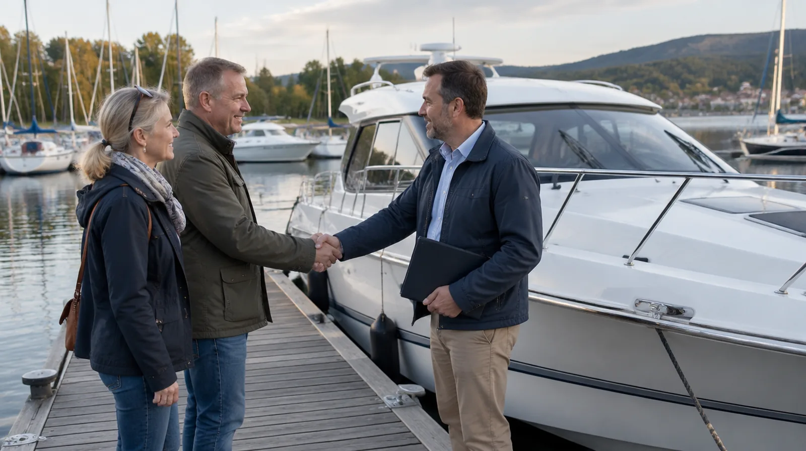 Übergabe am Steg: ein Paar und der Verkäufer reichen sich vor einem gepflegten Motorboot die Hand