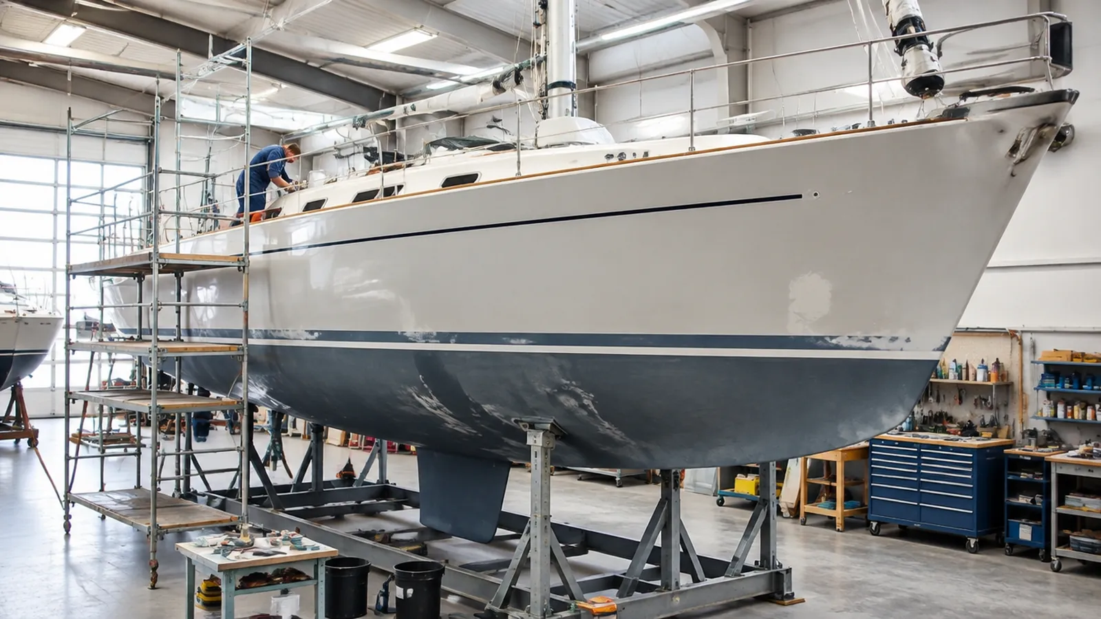 Segelyacht beim Refit in einer hellen Werfthalle, frisch geschliffener Rumpf und Gerüst