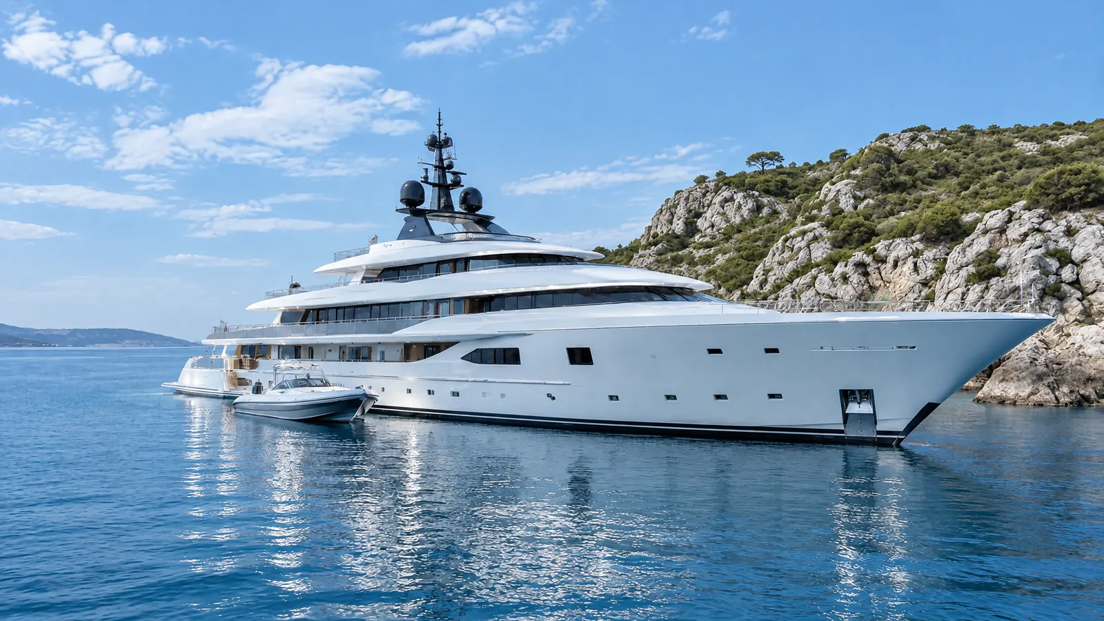 Superyacht vor Anker in einer Mittelmeerbucht zur blauen Stunde, Beiboot längsseits
