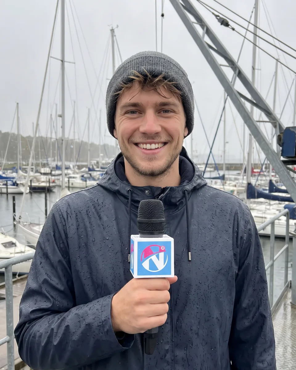 Theo, Gastgeber des Bordfunks, mit Mütze, Regenjacke und Mikrofon an einem Hafen mit Segelbooten und Kran