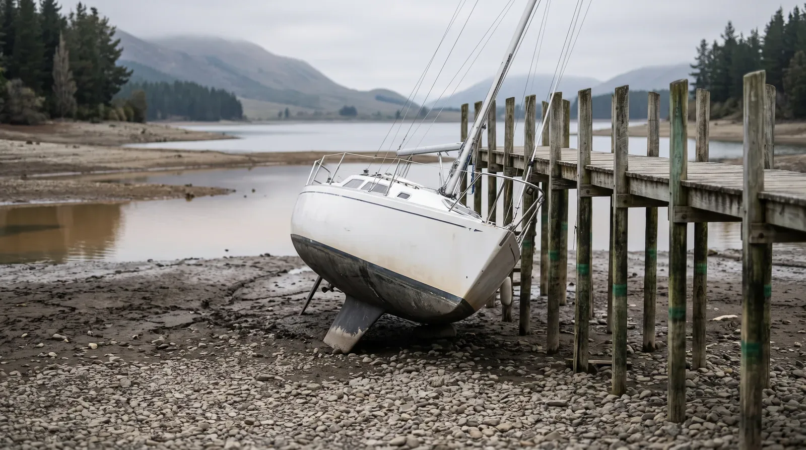 Segelyacht mit Flossenkiel sitzt neben dem Holzsteg auf trockenem Seegrund aus Kies und Schlamm, im Hintergrund wenig Wasser und bewaldete Hänge