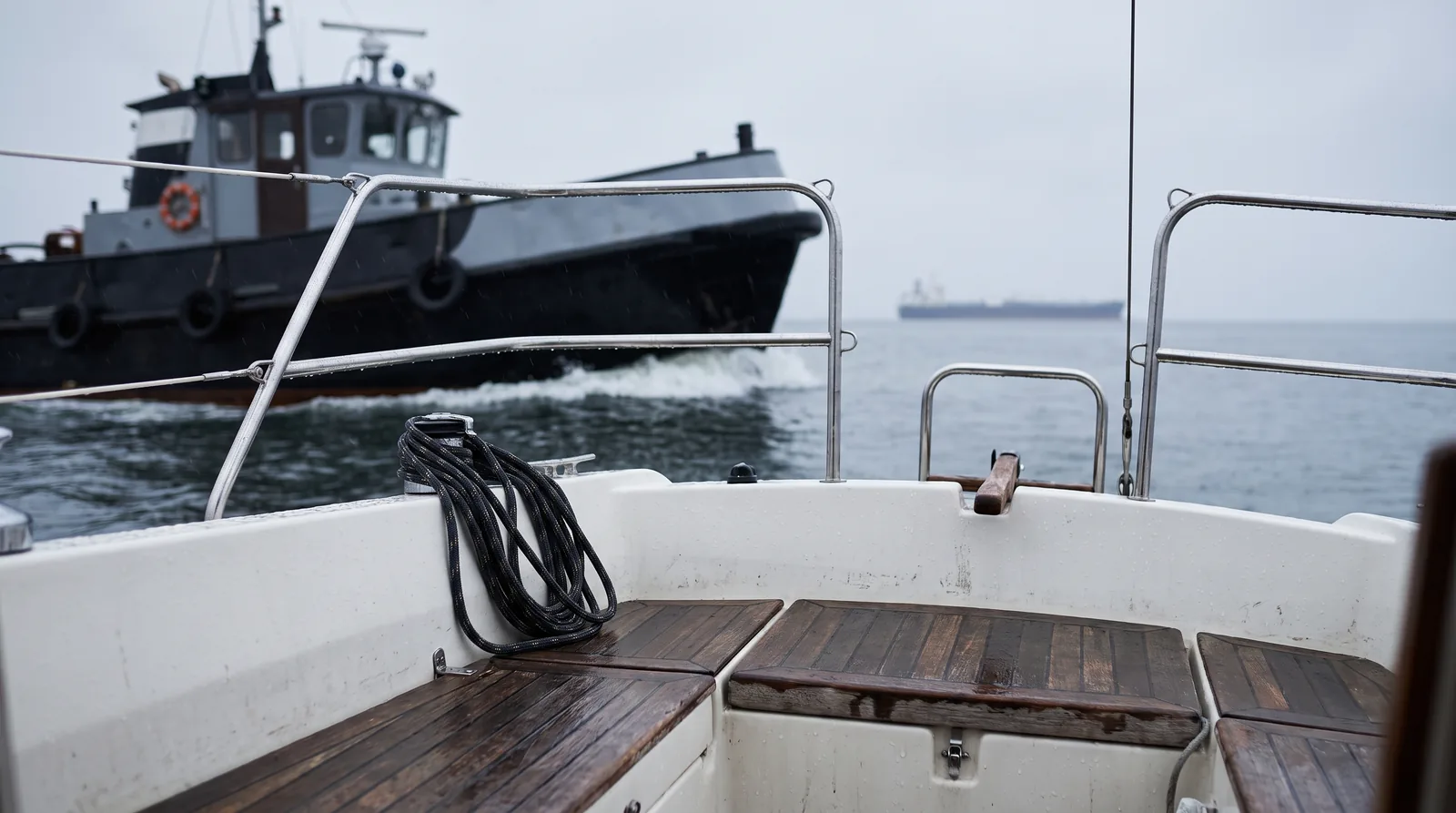 Aus dem Cockpit einer gepflegten Segelyacht fotografiert: nasses Teakholz, weißer Süllrand und ein Edelstahlkorb im Vordergrund. Unmittelbar daneben läuft unscharf ein schwarzer Schlepper mit Reifenfendern mit. Weit hinten steht bei trübem Licht ein großer Tanker auf der Kimm.