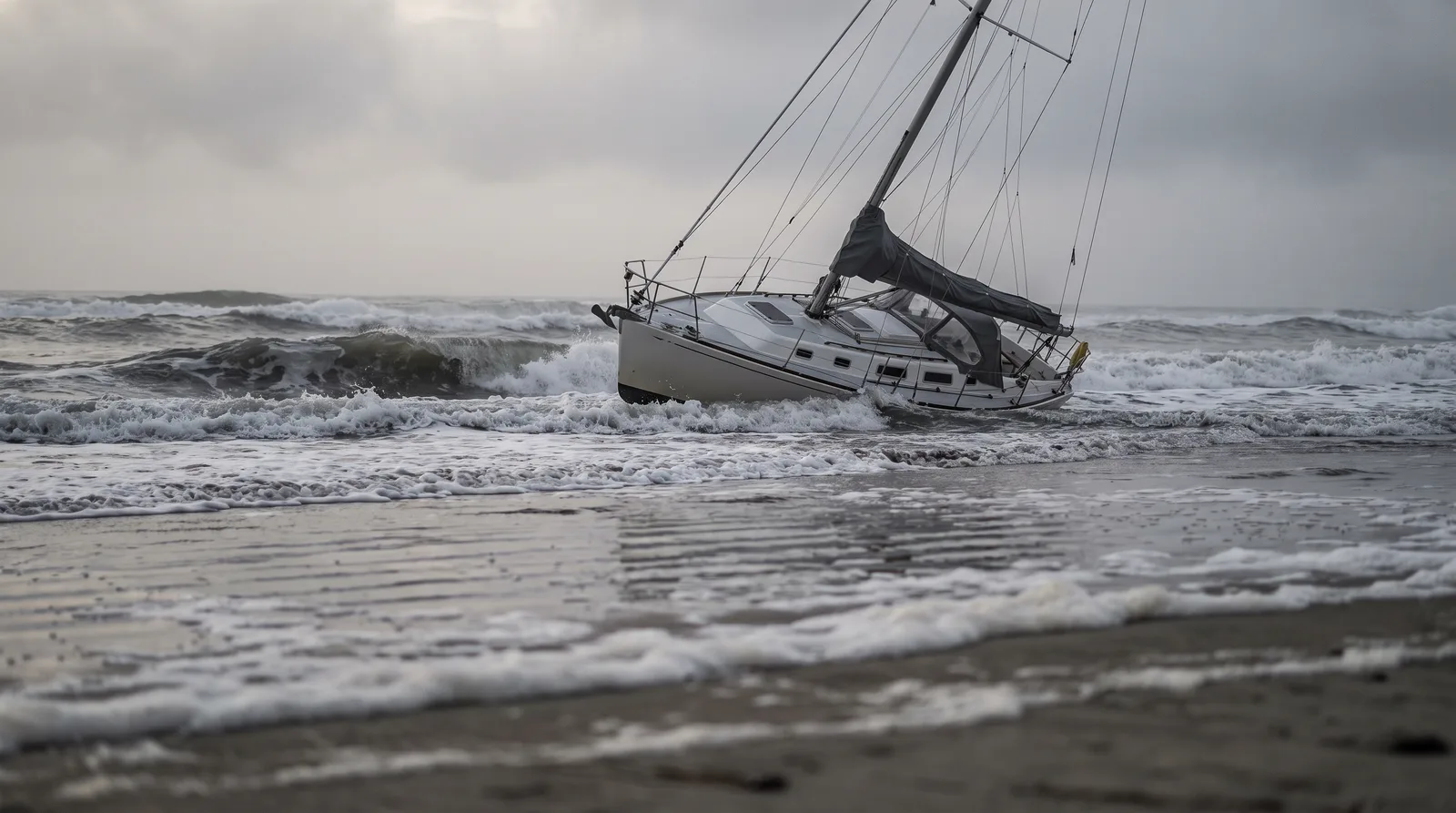 Segelboot liegt schräg auf einer Sandbank im Brandungsgürtel, Gischt am Rumpf, nasser Strand im Vordergrund