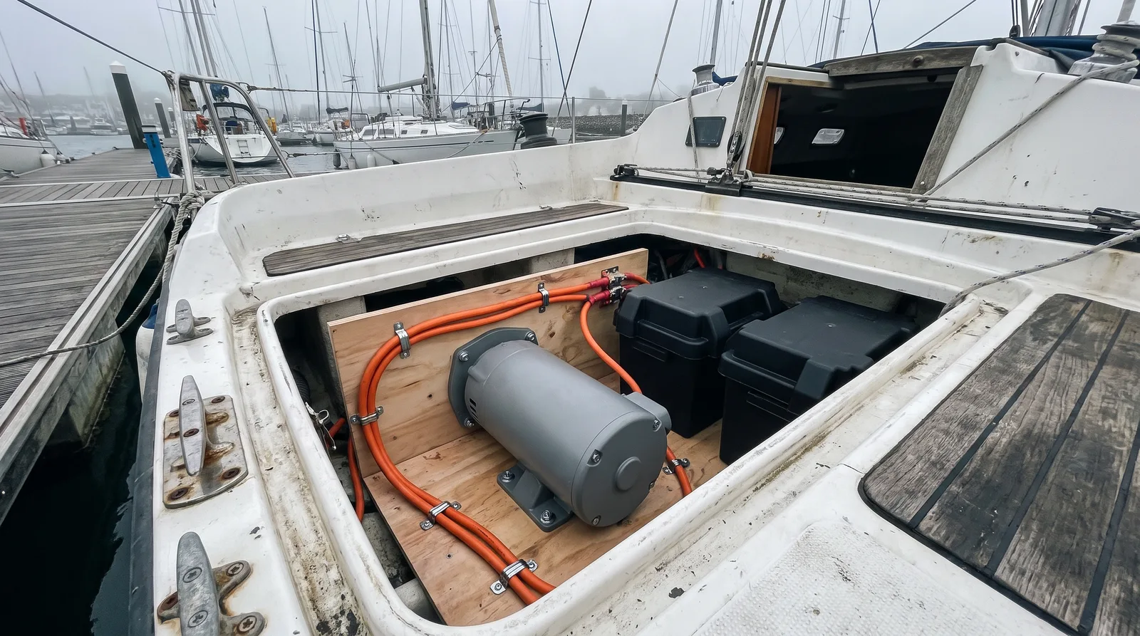 Offener Motorraum einer älteren Segelyacht im Hafen, darin ein grauer Elektromotor mit orangen Leitungen und zwei schwarzen Batteriekästen, dahinter verschwommene Masten.