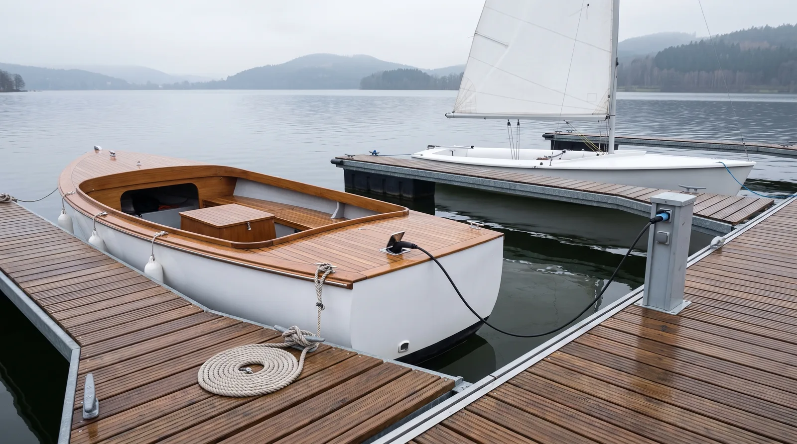 Weißes offenes Elektroboot mit Holzdeck liegt am Holzsteg und hängt über ein schwarzes Kabel an einer grauen Stromsäule, im Hintergrund eine Jolle mit weißem Segel und ein stiller See vor dunstigen Waldhügeln