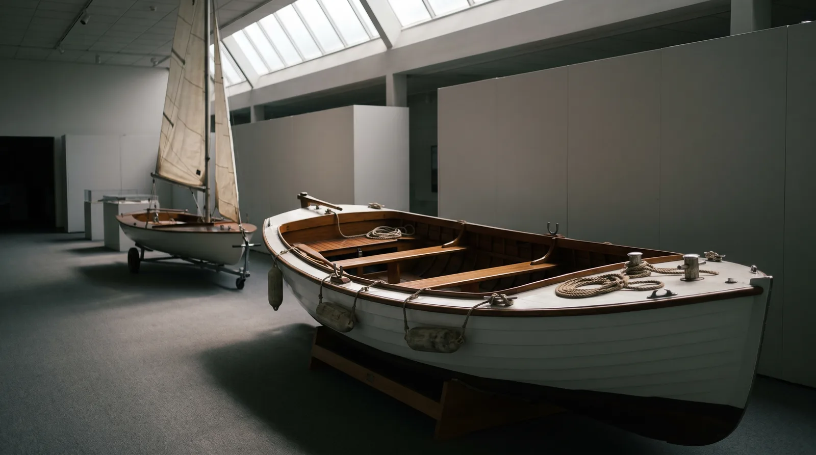 Menschenleere Ausstellungshalle mit Tageslicht von oben, im Vordergrund ein weiß lackiertes Holzboot mit Fendern und Tauwerk auf einem Bock, im Hintergrund eine Segeljolle auf ihrem Wagen vor hellen Trennwänden