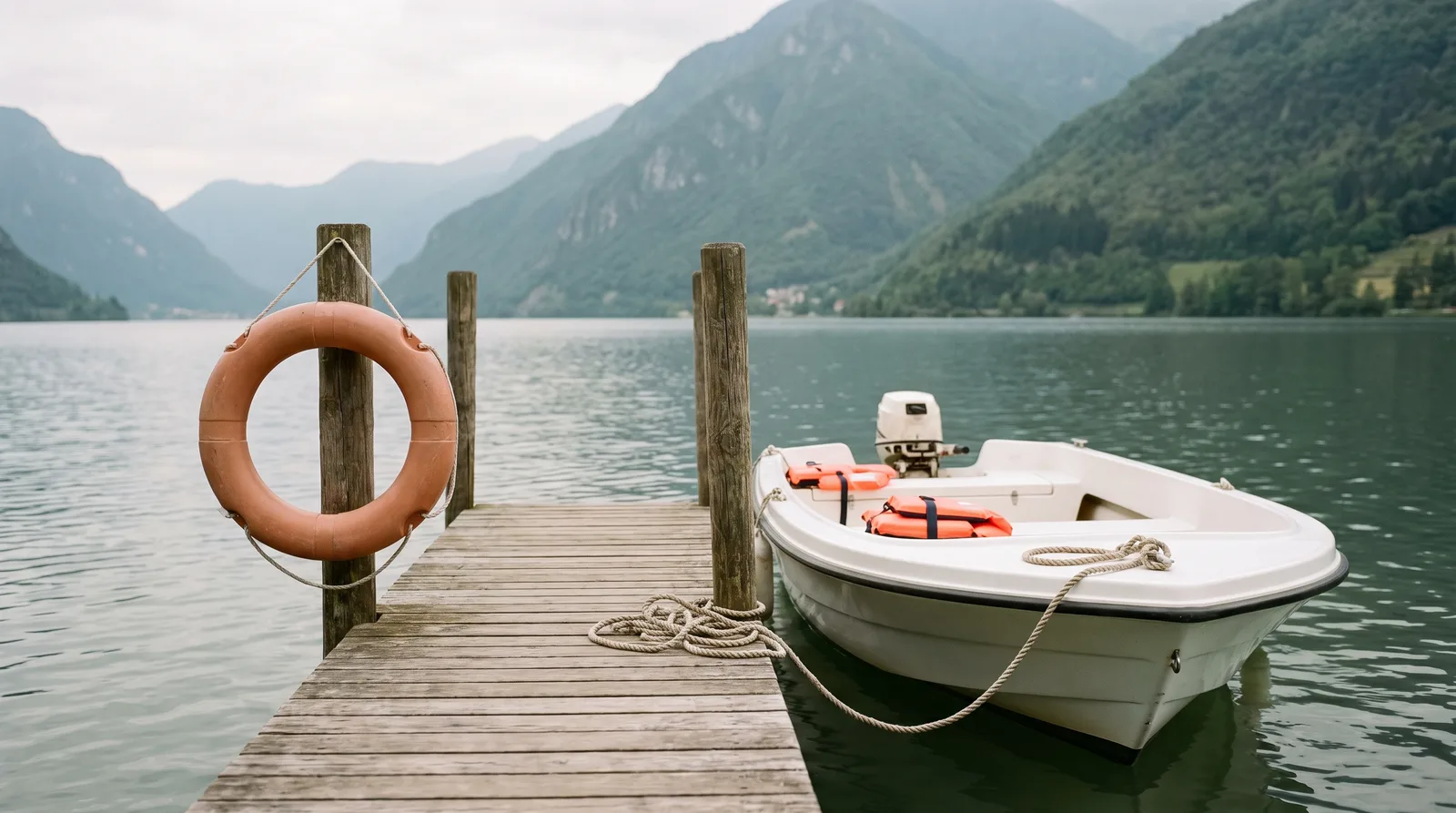 An einem verwitterten Holzsteg auf einem Bergsee hängt ein orangefarbener Rettungsring am Pfahl, am Steg ist ein kleines weißes Motorboot mit Außenbordmotor festgemacht, auf seiner Bank liegen zwei Rettungswesten, im Hintergrund steile grüne Hänge unter bedecktem Himmel.