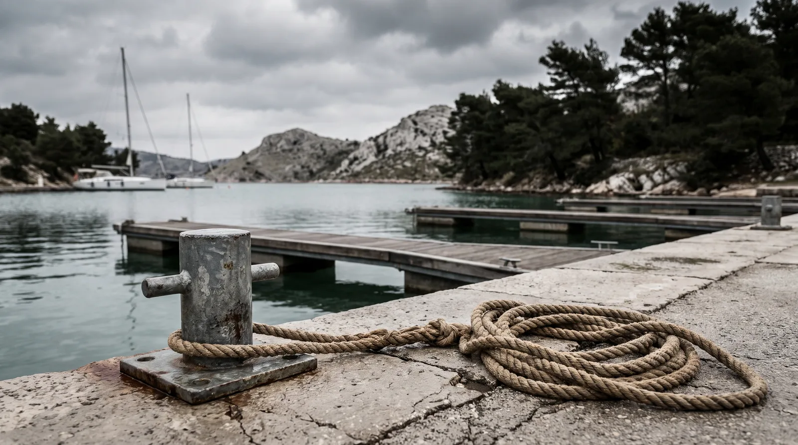 Verzinkter Poller und aufgeschossene Festmacherleine auf der Kaimauer einer kleinen Marina, leere Stegfinger, hinten unscharf zwei Segelyachten vor Kiefern und hellem Karst
