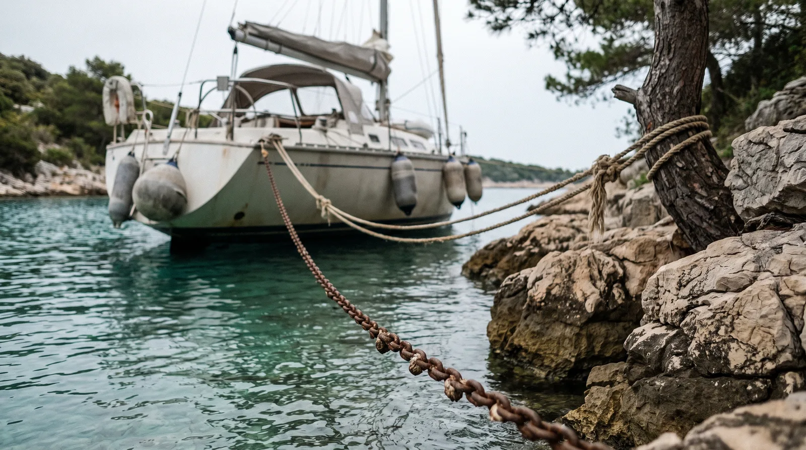 Eine Segelyacht liegt mit dem Heck zum felsigen Ufer einer Adriabucht, zwei Landleinen führen zu einer Kiefer und zu den Felsen, im Vordergrund spannt sich eine Kette über das klare Wasser