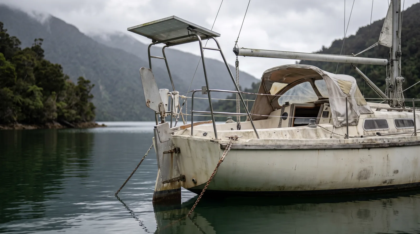 Heck einer gebrauchten Langfahrtyacht mit Windsteueranlage, Solarpaneel und verblichener Sprayhood in einer ruhigen Fjordbucht, ringsum dicht bewaldete Hänge unter Wolken.