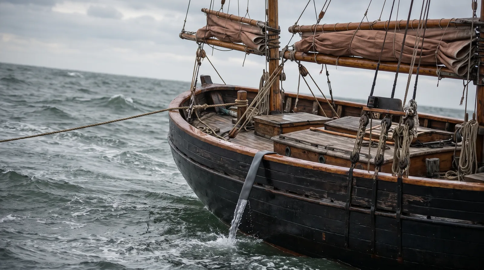 Dunkler Holzkutter mit gerefften Gaffelsegeln im Seegang, vorn die straffe Schleppleine, seitlich läuft Wasser aus einem Lenzschlauch