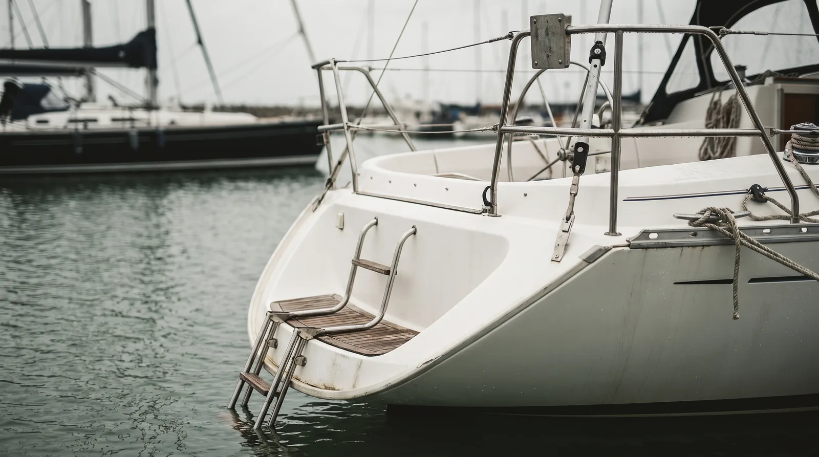 Das Heck einer Segelyacht am Liegeplatz: Die Badeleiter aus Edelstahl ist ausgeklappt und taucht ins Wasser, oben laufen Heckkorb und Relingsdrähte, dahinter verschwimmen andere Boote