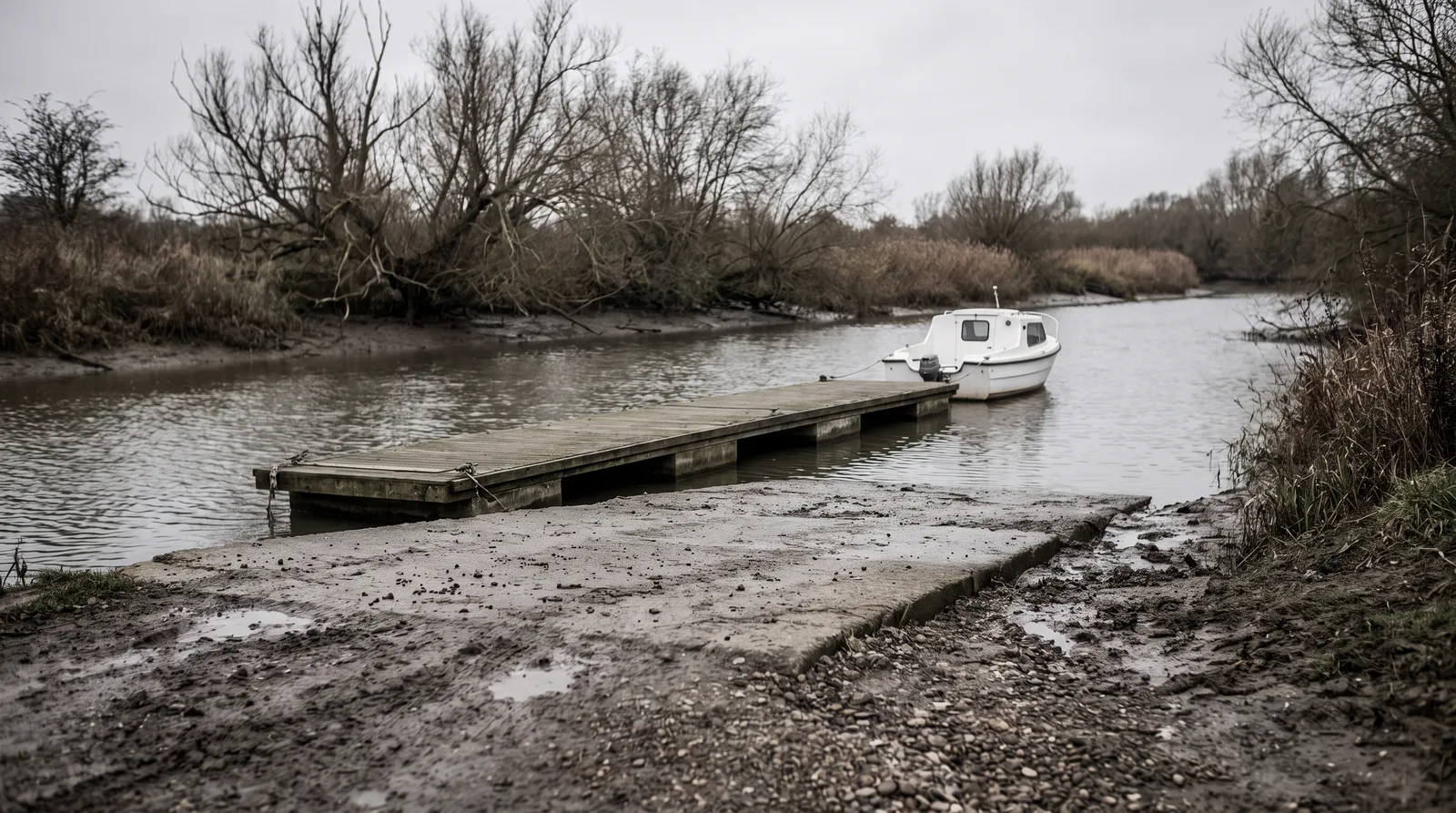Eine Betonrampe am Flussufer liegt bei wenig Wasser trocken, davor Schlick und Kies. Ein tief liegender Holzsteg reicht ins graugrüne Wasser, an seinem Ende ein kleines weißes Kajütboot mit Außenborder, am Ufer kahle Weiden.