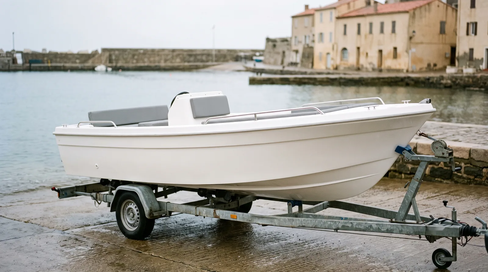 Ein unbenutzt wirkendes weißes Motorboot ohne Kajüte liegt auf einem verzinkten Bootsanhänger an einer nassen Slipstelle, im Hintergrund eine Hafenmauer aus Naturstein, stilles Wasser und alte helle Häuser