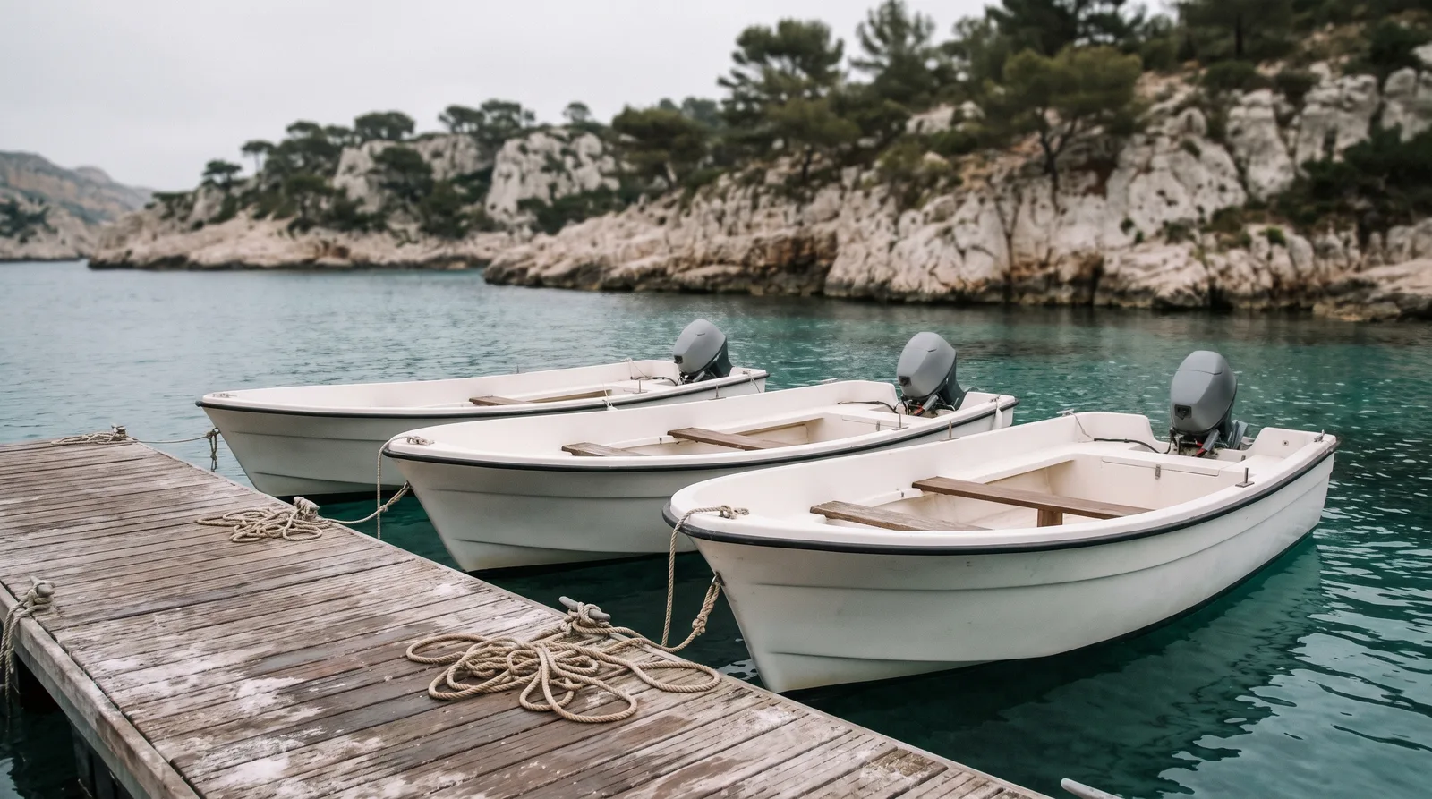 Drei weiße Motorboote ohne Kajüte, jedes mit Außenbordmotor, sind an einem alten Holzsteg in einer türkisfarbenen Bucht festgemacht, im Vordergrund liegt eine aufgeschossene Festmacherleine auf den Planken