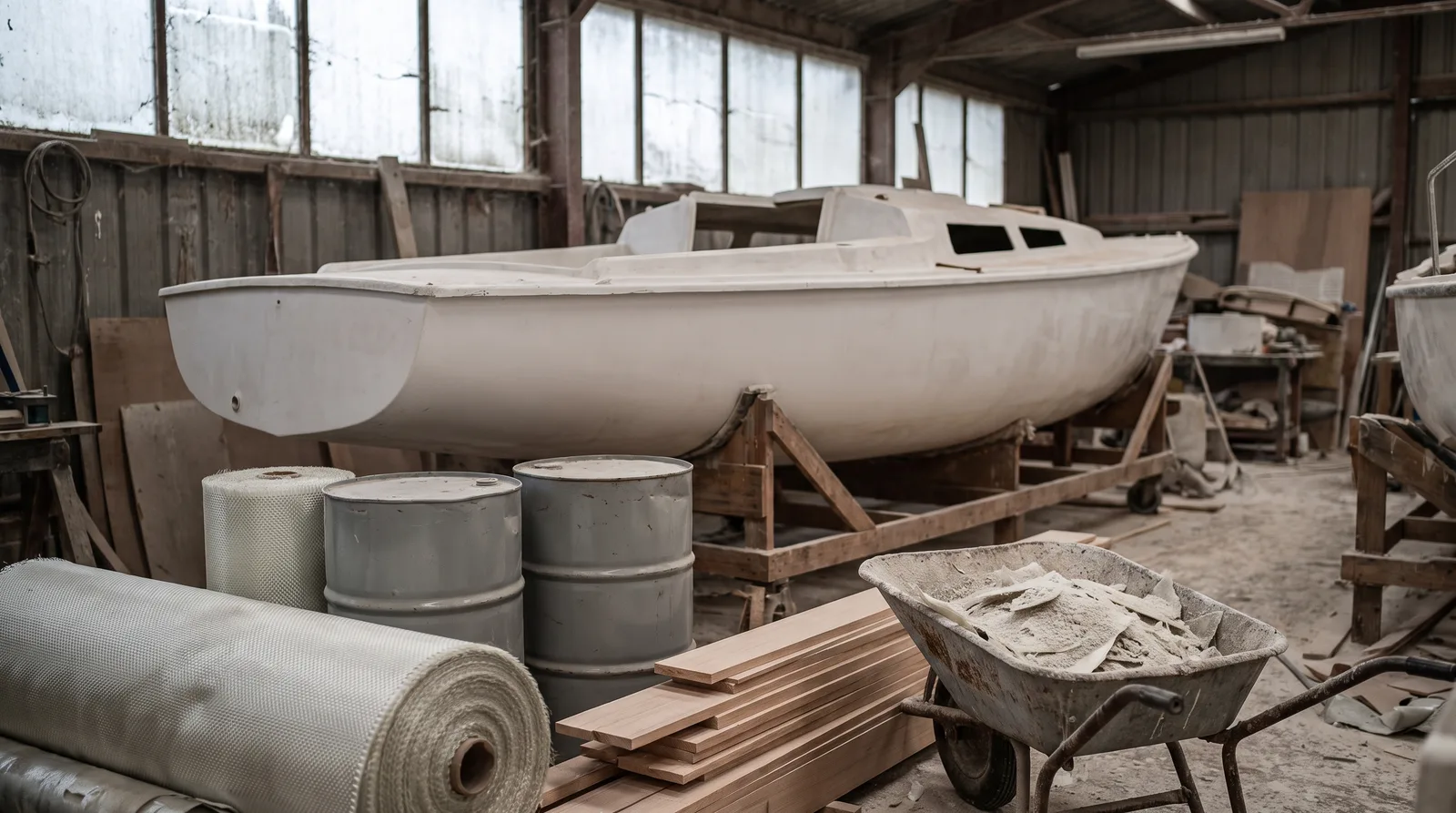 Rohbau einer kleinen Segelyacht aus Kunststoff auf einem Holzgestell in einer Werkhalle, im Vordergrund Glasfasergewebe auf Rollen, zwei graue Fässer, Holzlatten und eine Scheibtruhe voller Kunststoffreste.