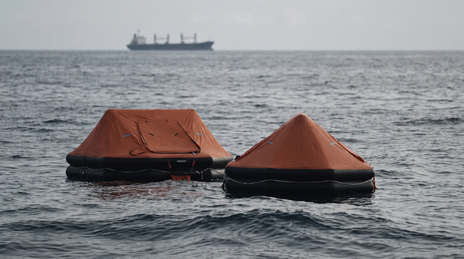 Auf grauer, bewegter See treiben zwei orangefarbene Rettungsinseln mit geschlossenem Dach, am Horizont zeichnet sich im Dunst ein Frachtschiff ab.