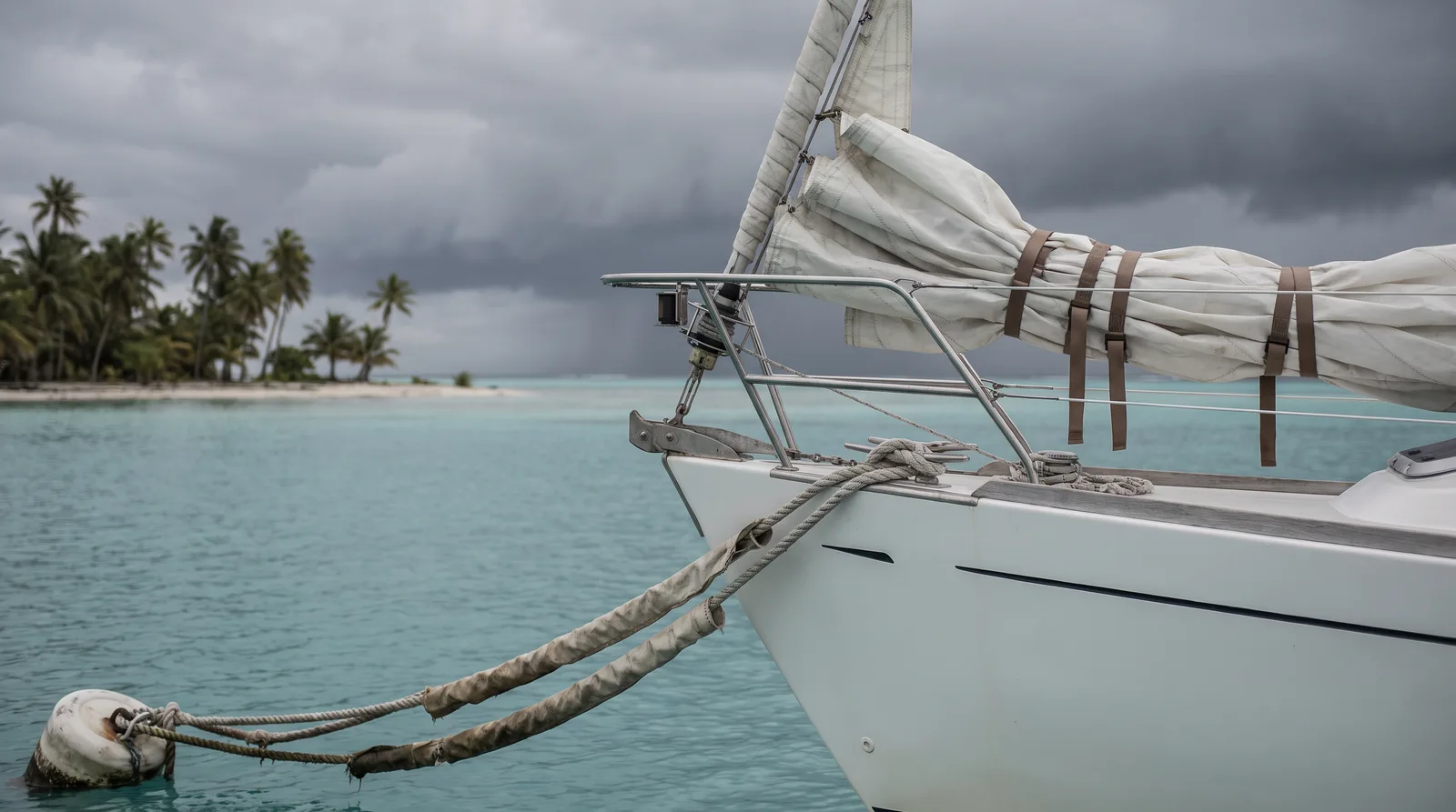 Weiße Fahrtenyacht an der Boje in einer Lagune, am Bug zwei Festmacher mit Scheuerschläuchen, das aufgetuchte Segel mit Gurten gesichert, im Hintergrund Palmen am Sandstrand und schwere graue Wolken.