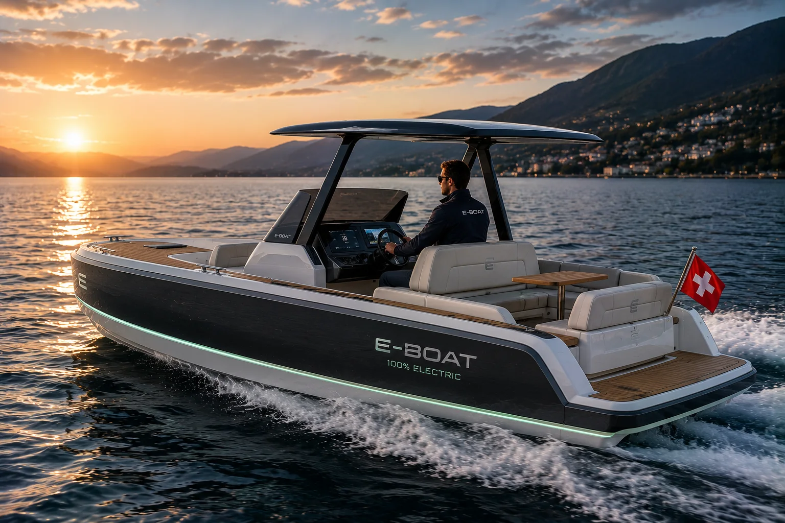 Elektroboot in Fahrt bei Sonnenuntergang auf einem See