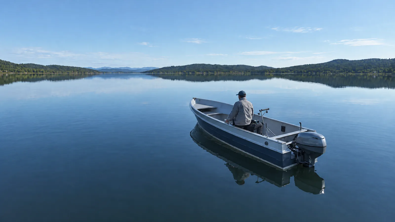 Kleines Motorboot mit Außenborder auf einem stillen See am Abend
