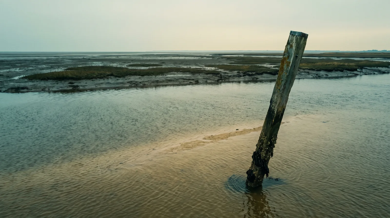 Ein alter Holzpfahl steht schief in einer flachen Rinne, bei Niedrigwasser liegt eine Sandbank frei