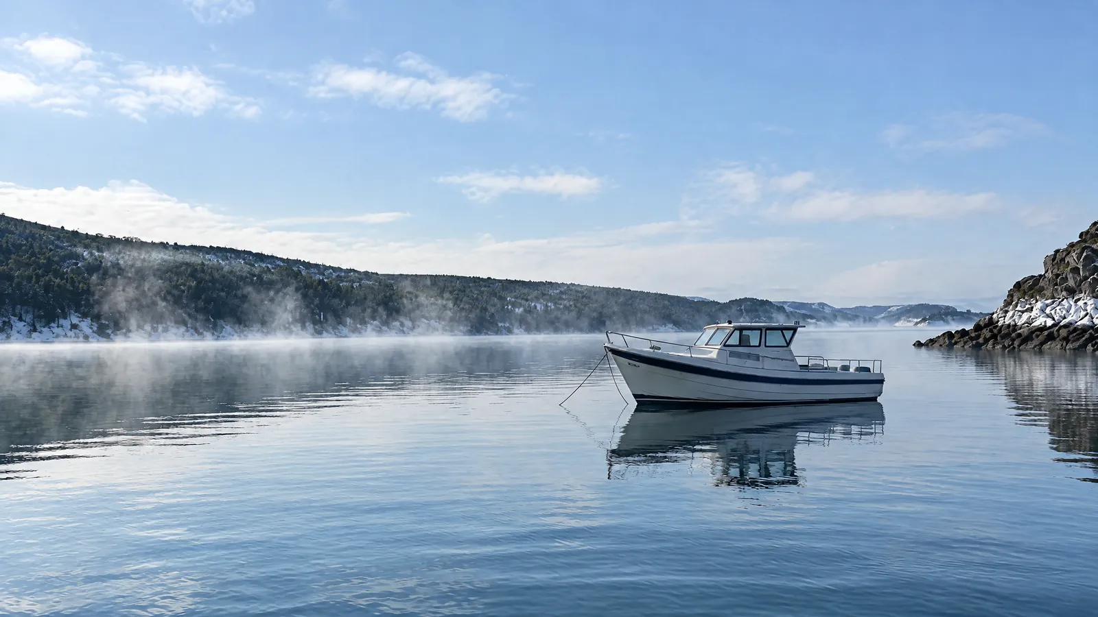 Motorboot an der Boje in einer Bucht im Morgennebel