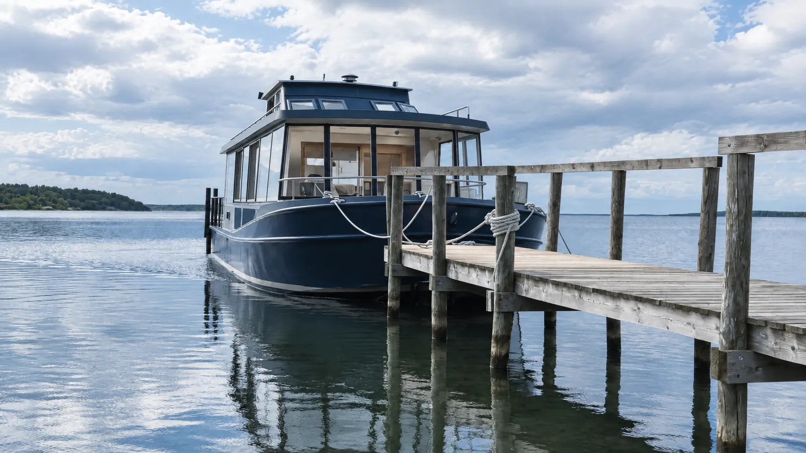 Hausboot mit beleuchteten Fenstern am Holzsteg