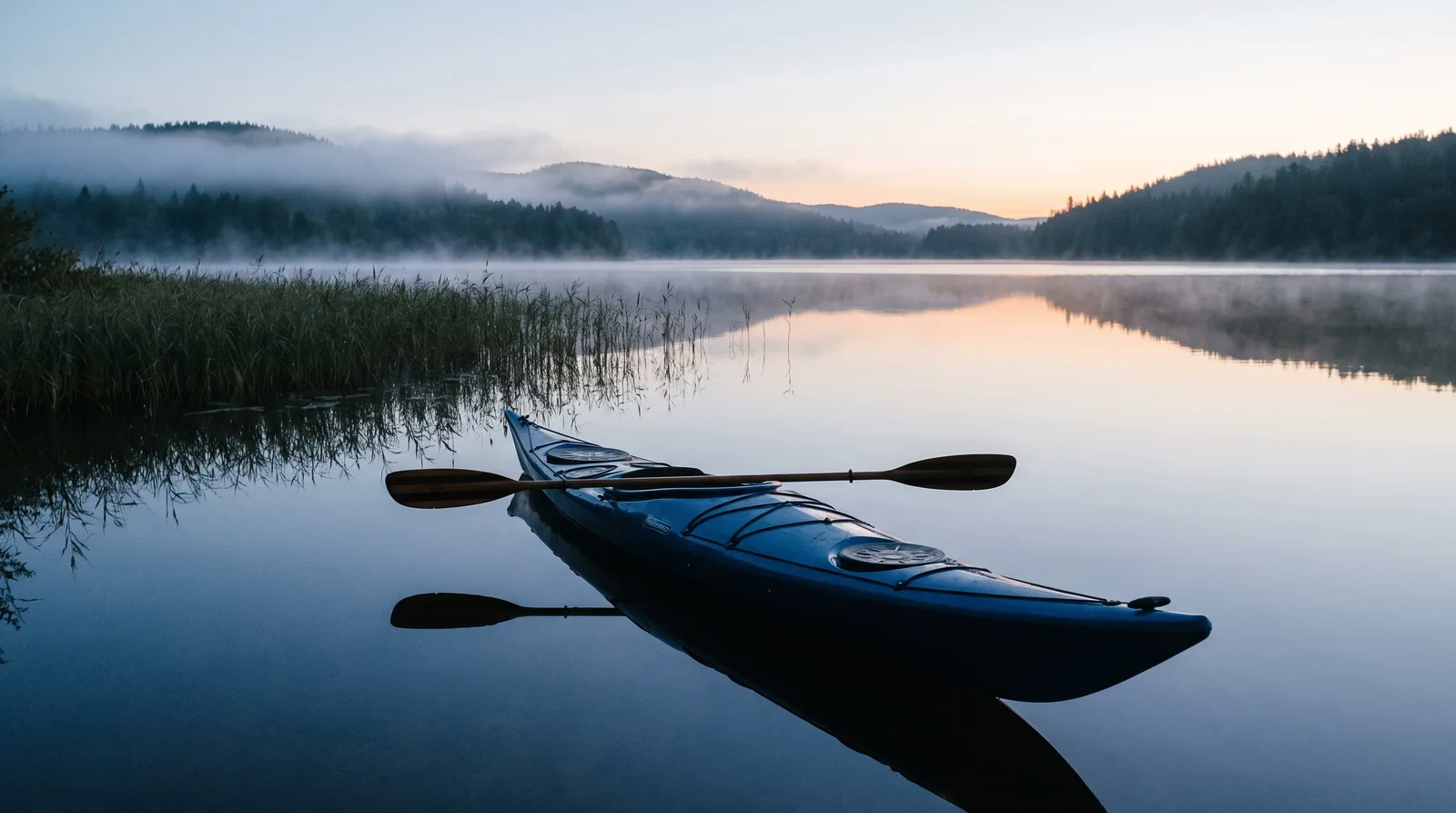 Seekajak mit Doppelpaddel auf einem stillen See im Morgennebel
