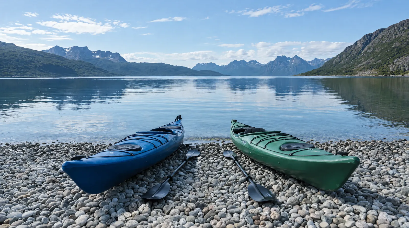 Zwei Tourenkajaks am Kiesstrand eines Fjords in der Dämmerung
