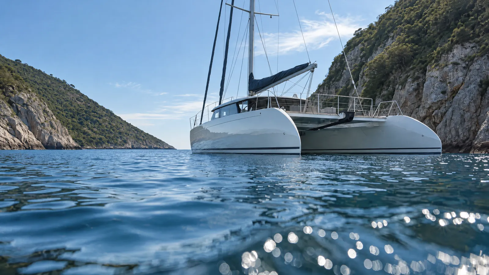 Segelkatamaran vor Anker in einer Felsenbucht