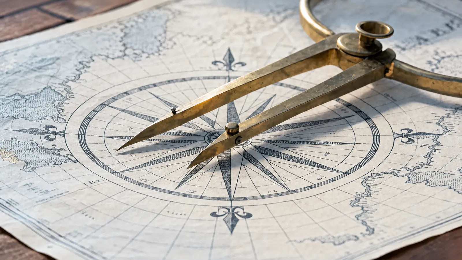 Kompassrose auf einer Seekarte, darauf ein Stechzirkel