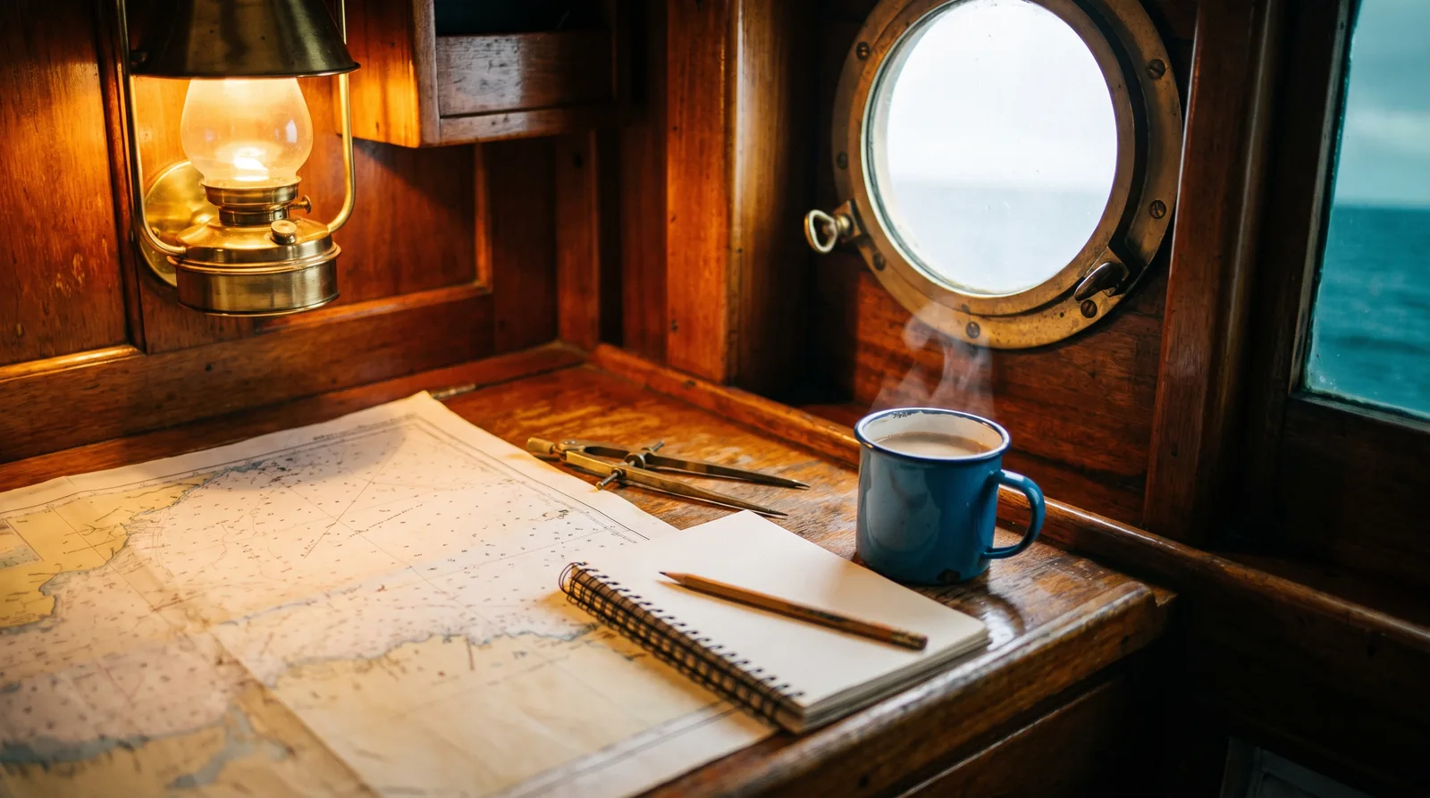 Ein Kartentisch unter Deck mit Seekarte, Zirkel, Notizbuch und einer Tasse Kaffee