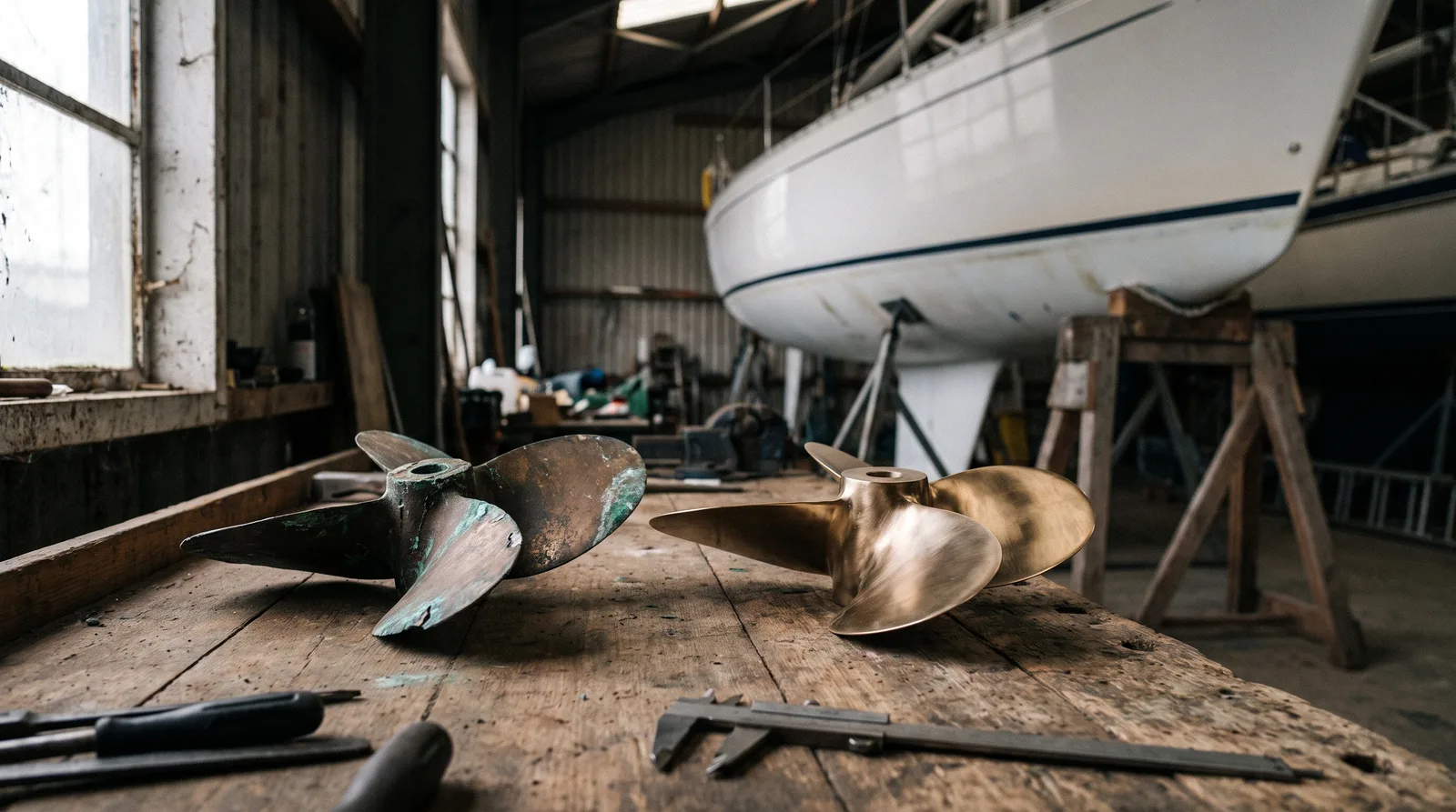 Zwei Bronzepropeller auf einer alten Werkbank in einer Bootshalle: links ein verbogener mit grüner Patina, rechts ein neuer, blank polierter, davor ein Messschieber, dahinter unscharf eine weiße Segelyacht auf Holzböcken