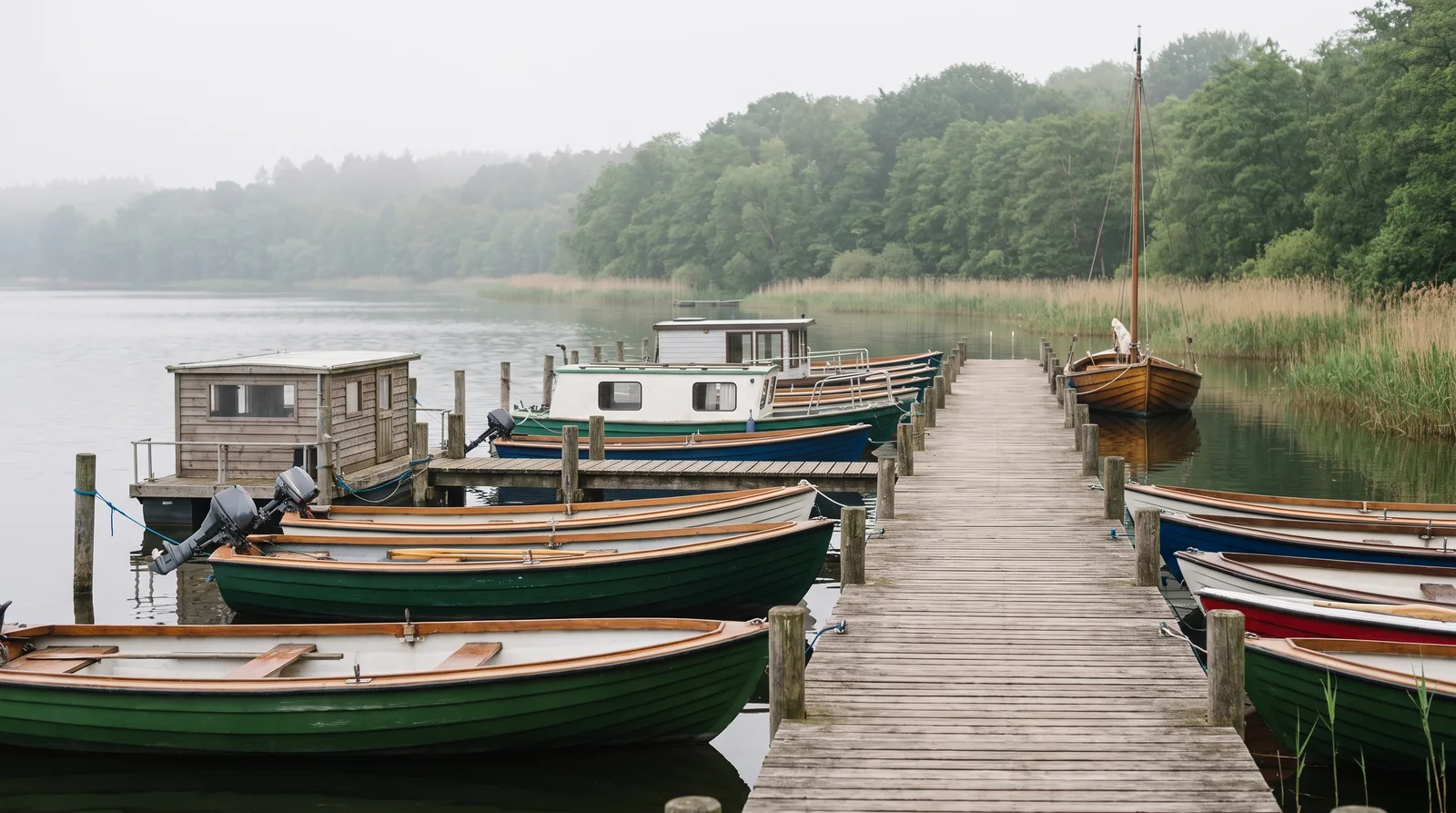 Ein langer Holzsteg an einem See im Morgendunst, daran viele Mietboote nebeneinander und ganz am Ende ein einzelnes Segelboot