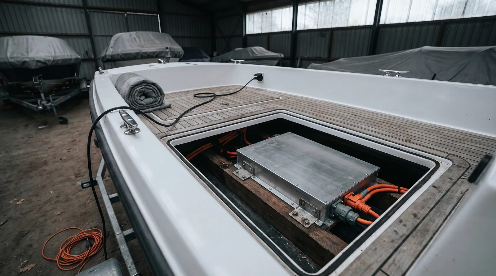 Blick in die offene Bodenluke eines weißen Elektroboots auf dem Trailer in einer Lagerhalle: ein flacher Akku im Aluminiumgehäuse auf Holzbalken mit orangefarbenen Hochvoltkabeln, ein schwarzes Ladekabel führt von einer Steckdose über die Bordwand, dahinter abgedeckte Boote