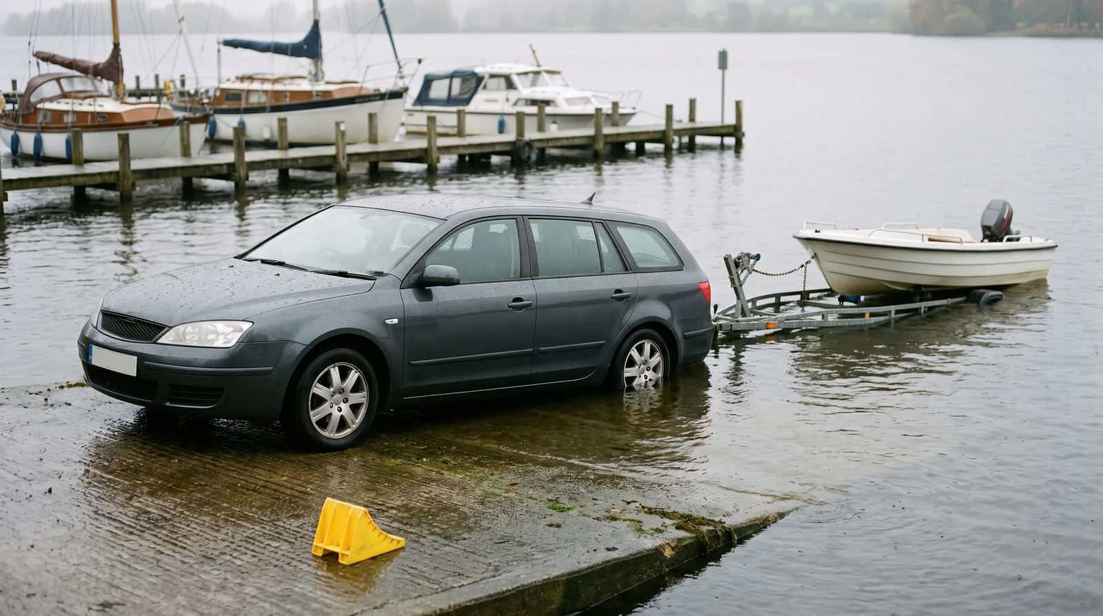 Nasse Slipanlage aus Beton an einem See: ein dunkelgrauer Kombi steht mit den Hinterrädern im Wasser, dahinter schwimmt ein kleines weißes Motorboot auf seinem verzinkten Trailer auf, vorn liegt ein gelber Unterlegkeil ungenutzt auf der Rampe, im Hintergrund ein Holzsteg mit Segelbooten und einem Motorboot