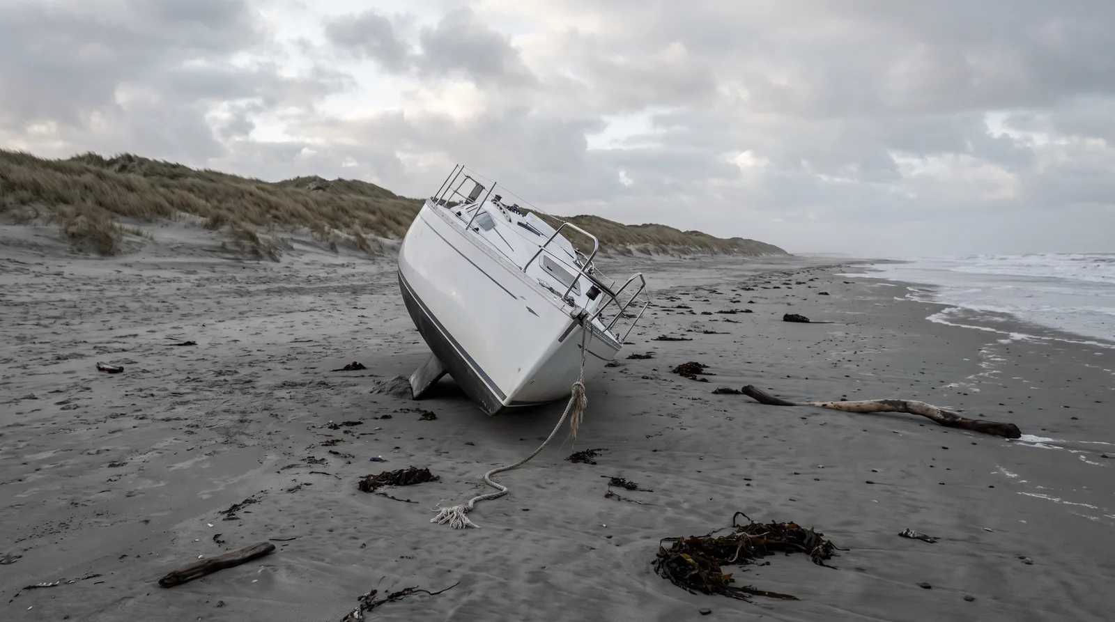 Breiter Sandstrand mit Dünen nach einem Sturm: eine weiße Segelyacht liegt gestrandet und stark gekrängt im nassen Sand, vom Bug hängt eine gerissene Festmacherleine, ringsum Seetang und Treibholz, rechts die abziehende graue Brandung unter Wolken