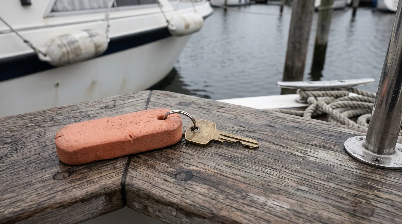 Ein einzelner Bootsschlüssel an einem orangefarbenen Schwimmschlüsselanhänger liegt auf dem verwitterten Teakholz im Cockpit eines Motorboots, dahinter unscharf ein weißer Bootsrumpf mit Fendern, eine Klampe mit aufgeschossener Festmacherleine und graues Hafenwasser
